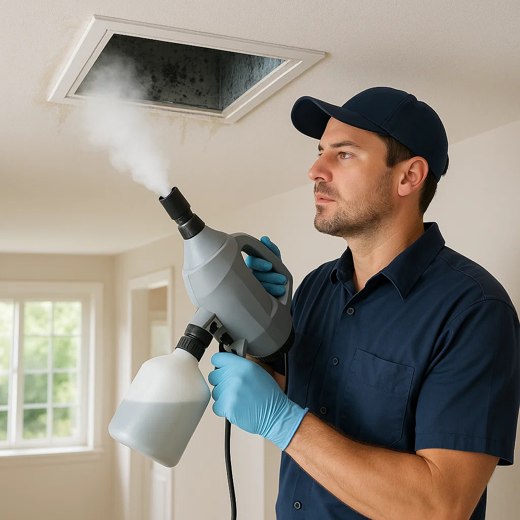 Technician removing harmful dust and debris from home air ducts in Kemah TX to improve indoor air quality
